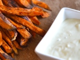 Crispy Oven Baked Spiced Sweet Potato Fries and Light Blue Cheese Dip